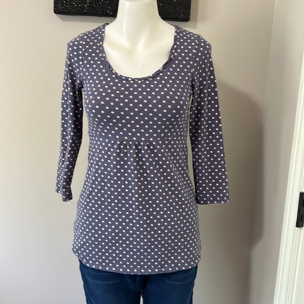 Boden Polka Dot Blouse Navy Blue White Scoop Neck Long Sleeve Top Sz 4